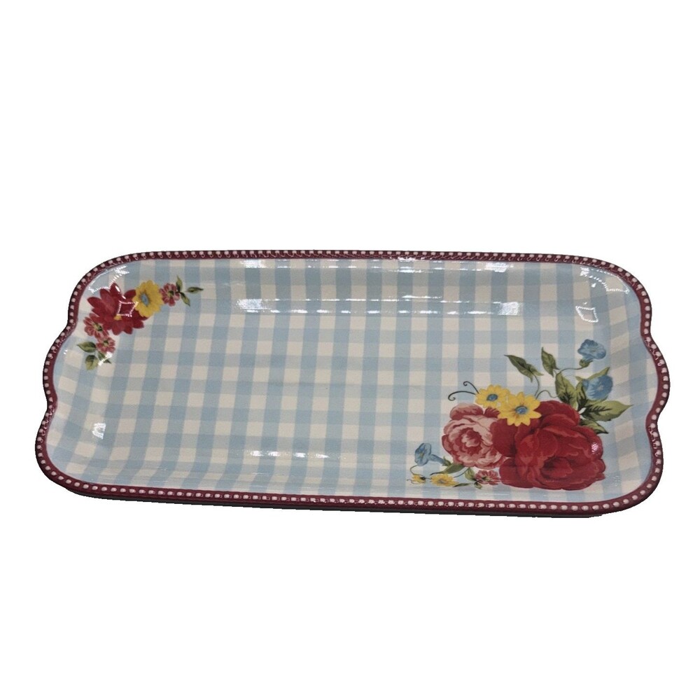 Pioneer Woman Sweet Rose Checker 14-inch narrow stoneware serving platter